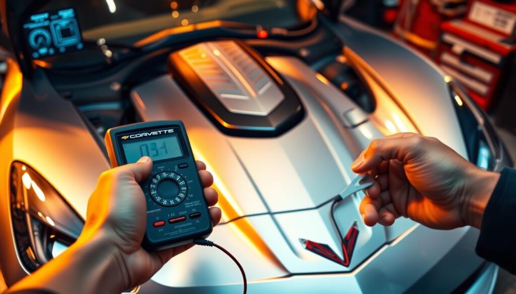 A sleek, silver Chevrolet Corvette Stingray engine bay illuminated by warm, directional lighting. In the foreground, a pair of hands holds a multimeter, probing the starter solenoid terminals. The background features a diagnostic tool display, hinting at the process of troubleshooting a cold or hot starting issue. The scene conveys a sense of focused problem-solving, with a technical, industrial atmosphere. Precise camera angles and depth of field draw the viewer's attention to the key diagnostic elements. The overall composition emphasizes the importance of thorough electrical system analysis for optimal Corvette Stingray performance.