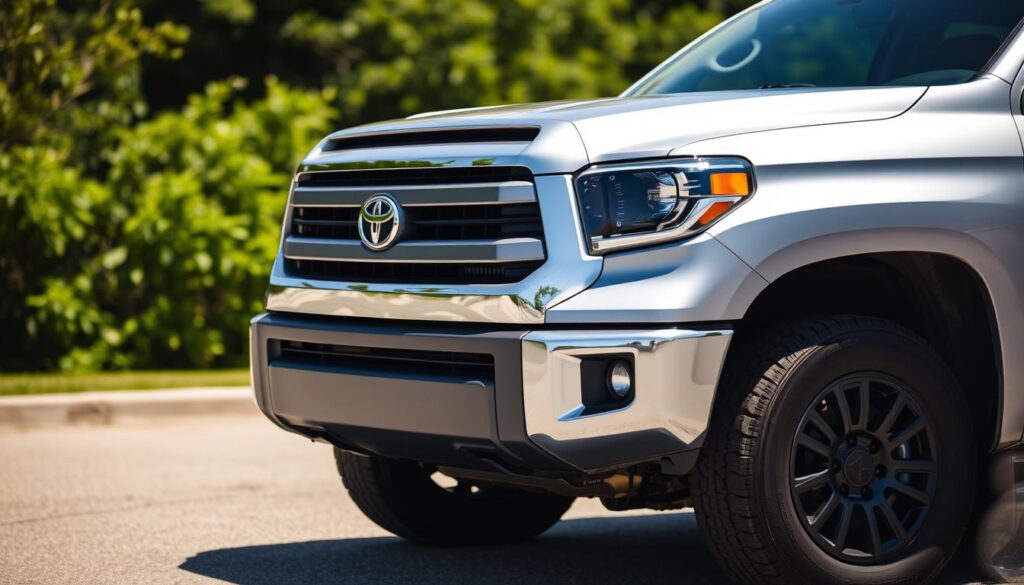A sleek, silver Toyota Tundra pickup truck, its body gleaming in the bright sunlight. The front grille and headlights are prominently featured, conveying a sense of power and ruggedness. The truck is parked on a smooth, paved surface, with a blurred, lush green background suggesting a suburban or rural setting. The image is captured from a low, three-quarter angle, emphasizing the truck's imposing size and sturdy construction. The lighting is natural and evenly distributed, creating defined shadows and highlights that accentuate the truck's contours and design elements. The overall mood is one of confidence and practicality, showcasing the Tundra's capabilities as a reliable, durable, and versatile pickup.