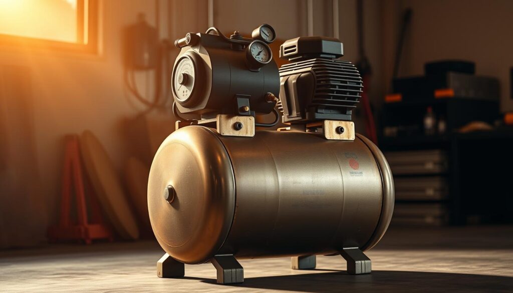 A sturdy, industrial-grade air compressor standing proudly in a well-lit workshop. The metallic body gleams under warm, focused lighting, casting dramatic shadows that accentuate its functional design. The compressor's controls and gauges are clearly visible, inviting the user to confidently adjust the air pressure. The scene conveys a sense of practicality and reliability, perfectly suited for the task of safely adjusting tire pressure on a manual car.