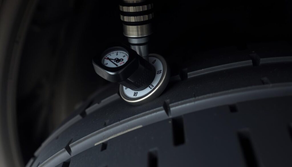 A well-lit, close-up photograph of a car tire's valve stem and surrounding tread, captured at a slight upward angle to showcase the detailed texture and curvature of the tire. The valve stem is prominently featured, with a pressure gauge attached, indicating the current tire pressure. The lighting is soft and diffused, creating a clean, professional look that highlights the technical, diagnostic nature of the scene. The background is blurred and unobtrusive, keeping the focus on the tire and the pressure gauge reading.