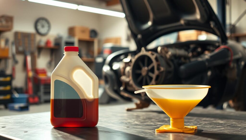 A well-lit garage interior, with a mechanic's workbench in the foreground. On the bench, a transmission fluid bottle and a funnel stand ready. In the middle ground, a car's transmission is exposed, showcasing the fluid reservoir. The background features various automotive tools and equipment, suggesting a professional, hands-on setting. The lighting is warm and directional, casting subtle shadows and highlighting the details of the scene. The overall mood is one of focused, methodical task-completion, conveying the step-by-step process of refilling transmission fluid.