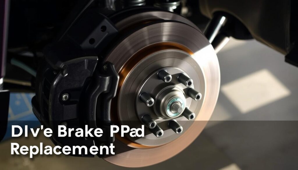 A well-lit, high-angle view of a 2016 Chevrolet Silverado's front suspension, focused on the brake components. The brake pads and rotors are prominently displayed, with the caliper and brake line visible in the foreground. The lighting casts long shadows, highlighting the textured surfaces and mechanical details. The background is slightly blurred, emphasizing the subject. The overall mood is one of technical precision and attention to detail, suitable for illustrating a DIY brake pad replacement guide for this specific model.