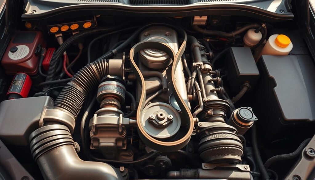 A well-lit, high-angle view of a car engine bay, with the focus on a serpentine belt and its associated components. The belt should appear clean, tensioned, and in good condition, showcasing proper maintenance. The surrounding area should be neat and organized, with various tools and supplies neatly arranged, conveying a sense of care and attention to detail. The lighting should be warm and natural, creating a soothing, inviting atmosphere that encourages the viewer to maintain their vehicle's belt system and keep it running smoothly.