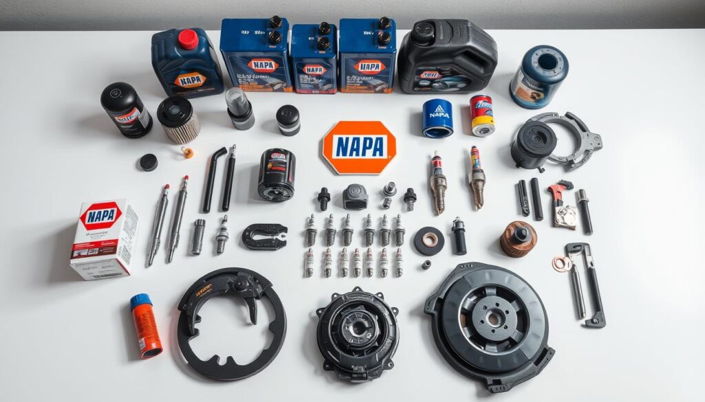 A well-lit, high-resolution image of an array of Napa brand automotive parts and accessories arranged on a clean, minimalist white table or surface. The parts should include a variety of commonly needed items such as oil filters, spark plugs, brake pads, and engine components, showcasing the breadth of Napa's product offering. The parts should be positioned to create a visually appealing, symmetrical, and organized composition. Subtle shadows and highlights should be used to accentuate the three-dimensional nature of the parts. The overall mood should be one of professionalism, quality, and attention to detail, reflecting the expertise and reliability associated with the Napa brand.