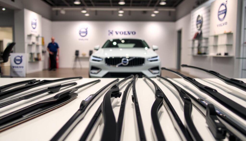A well-lit showroom display showcasing various Volvo S60 wiper blade options. In the foreground, several OEM and aftermarket wiper blades are arranged neatly, allowing for close inspection of their design, materials, and features. In the middle ground, a Volvo S60 sedan is partially visible, highlighting where the wiper blades are installed. The background features a clean, minimalist environment with subtle branding elements, conveying a sense of quality and attention to detail. The lighting is soft and diffused, creating an inviting atmosphere for the viewer to examine the wiper blade options closely.