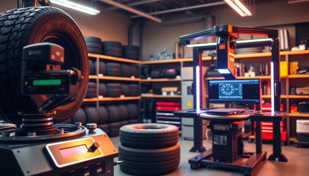A well-lit workshop scene showcasing the key differences between tire balancing and wheel alignment equipment. In the foreground, a tire balancing machine with digital display and calibration tools. In the middle ground, a state-of-the-art wheel alignment system with laser sensors and computer interface. The background features neatly organized shelves of tires, tools, and automotive parts. The lighting is warm and inviting, creating a professional, high-tech atmosphere. The camera angle is slightly elevated, providing a comprehensive overview of the workshop's specialized machinery and capabilities.