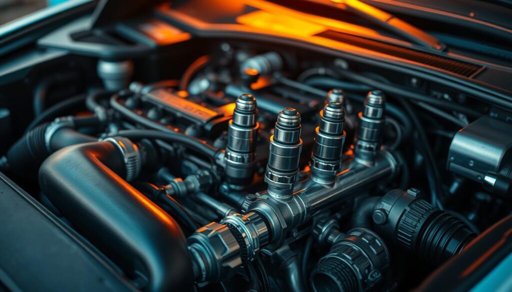 A well-maintained, idling car engine with a clear view of the fuel injection system. The engine bay is bathed in warm, indirect lighting, highlighting the intricate mechanical components. The fuel lines and injectors stand out in a chrome-like finish, conveying a sense of precision engineering. The background is blurred, placing the focus on the engine's internal workings. The overall scene exudes a calm, contemplative atmosphere, inviting the viewer to consider the delicate balance between engine efficiency and fuel consumption.