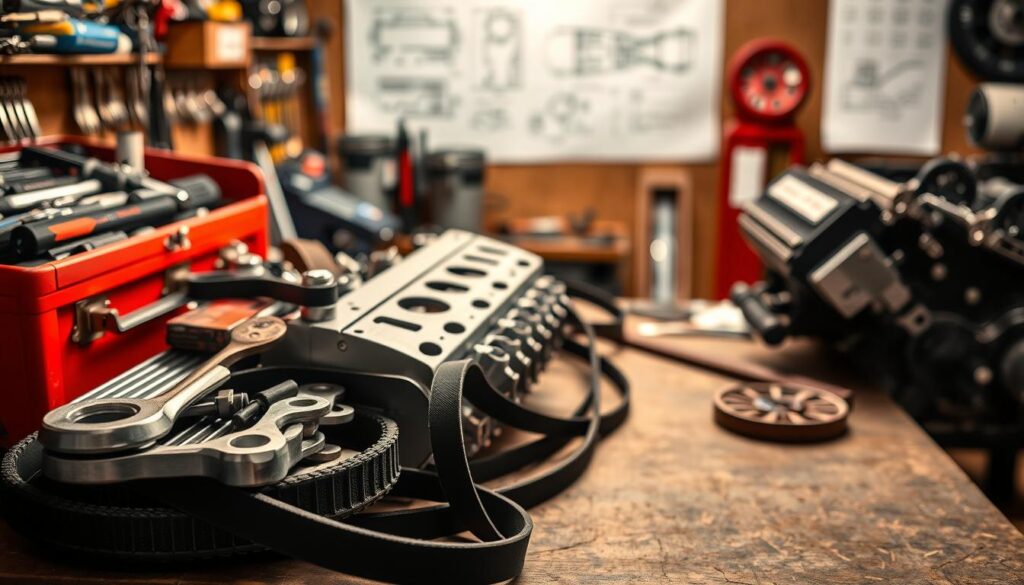 An automotive workbench stacked with a toolbox, wrenches, a timing belt, and an engine block, all bathed in warm workshop lighting. In the background, a schematic diagram and sketches of a Camaro engine. The foreground is focused, drawing the viewer's attention to the essential components needed to repair rod knock issues, while the blurred background suggests the planning and preparation required. The scene conveys a sense of diligence, expertise, and a methodical approach to resolving this common Camaro problem.