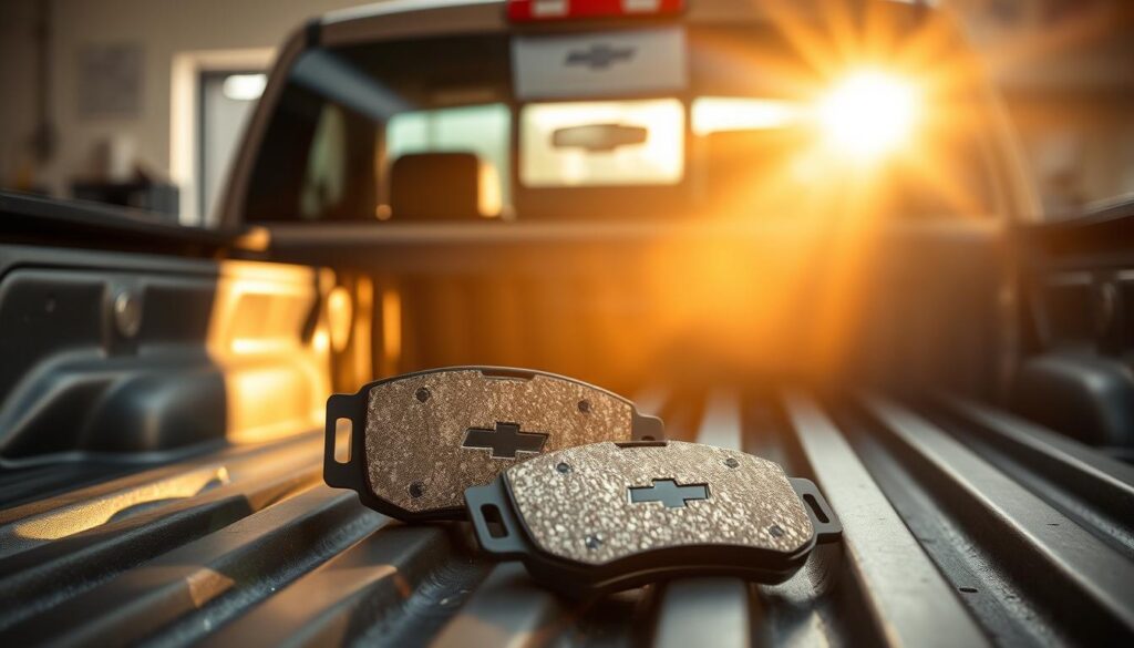 Bed with new brake pads for a Chevrolet Silverado truck, illuminated by warm, natural lighting from a window. The brake pads are prominently displayed in the foreground, showcasing their fresh, clean appearance. The truck's interior is visible in the background, creating a sense of context and connection to the vehicle. The scene conveys a sense of preparation and attention to detail, reflecting the care and diligence required for a successful brake pad replacement.
