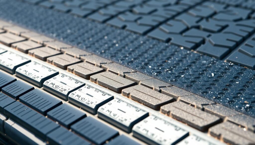 Detailed tire markings and symbols on a smooth, well-lit road surface. Intricate tread patterns, grooves, and sipes create a dynamic, realistic composition. Subtle shadows and highlights accentuate the three-dimensional texture. The image has a clean, technical aesthetic, conveying the informative nature of the subject matter. The lighting is soft and even, emphasizing the fine details without harsh shadows. The camera angle is slightly elevated, providing a clear, unobstructed view of the tire markings.