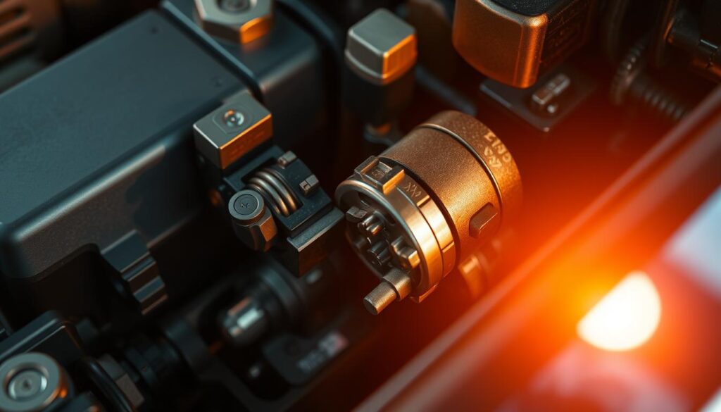 High-angle close-up shot of an automobile ignition switch and starter motor, illuminated by warm, directional lighting, showcasing the intricate mechanical components and their interconnected nature. The scene has a technical, engineering-focused atmosphere, with a clean, well-organized layout that emphasizes the diagnostic nature of the task at hand. The image should convey a sense of troubleshooting and problem-solving, with the ignition switch and starter motor positioned prominently to illustrate their role in the car's starting system.
