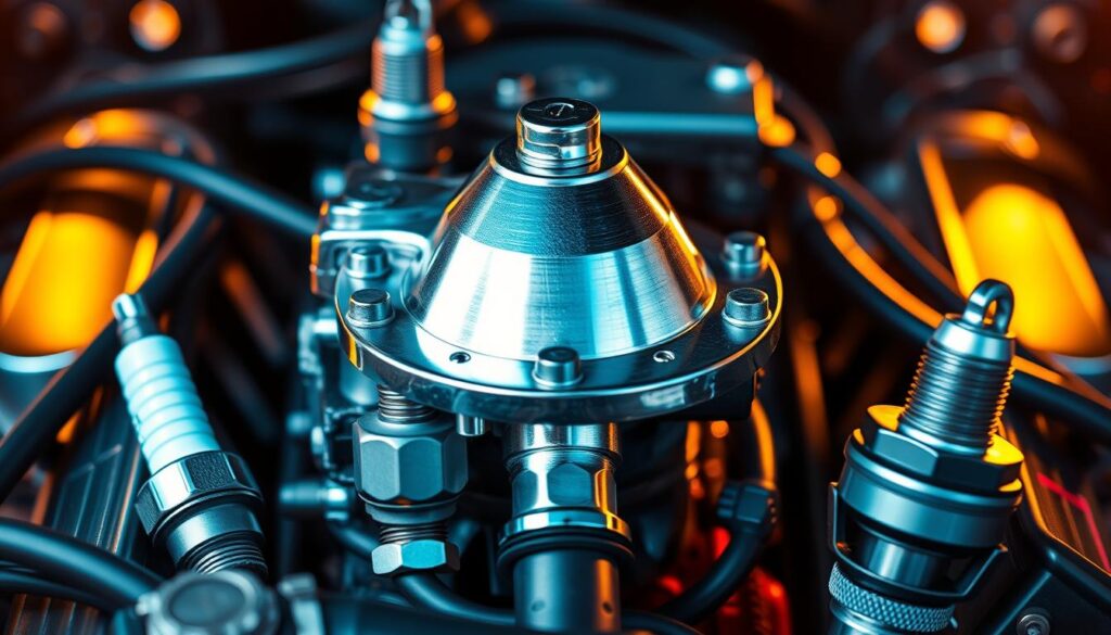 High-quality engine components arranged in a dynamic, close-up composition. A shiny, chrome-plated distributor cap and coil pack take center stage, surrounded by other ignition parts like spark plugs, wires, and a sleek ignition module. The lighting is dramatic, with sharp contrasts and warm highlights, creating a sense of power and precision. The background is blurred, keeping the focus on the intricate details and textures of the performance ignition components. The overall mood is one of mechanical excellence and engineering prowess.