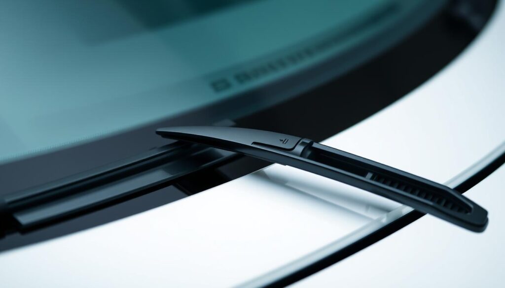 High-resolution close-up shot of a pair of Volvo S60 windshield wiper blades from a low angle, showcasing their unique design and construction. The wipers are made of durable rubber and have a sleek, aerodynamic profile. The lighting is bright and even, highlighting the intricate textures and contours of the wipers. The background is blurred, putting the focus entirely on the detailed craftsmanship of the wipers. The overall mood is one of precision engineering and attention to detail, reflecting the high-quality standards of Volvo's automotive design.