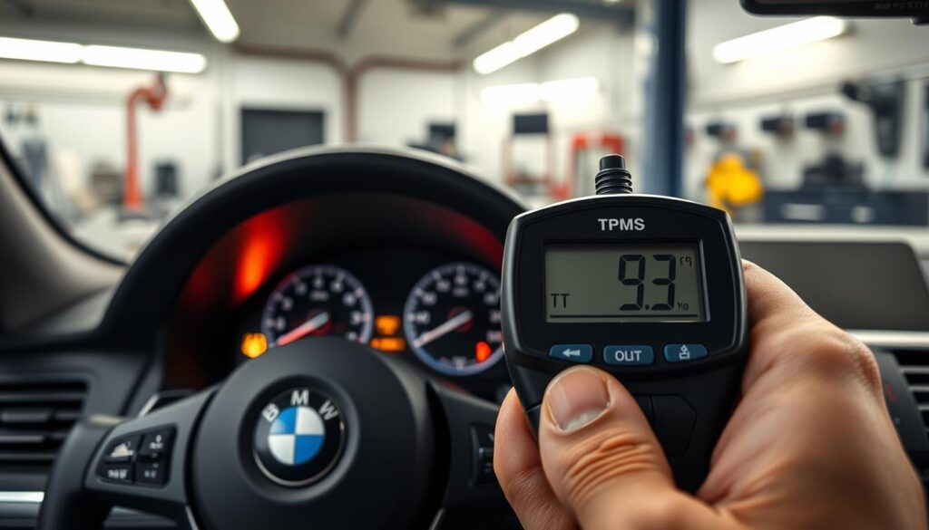 Prompt A BMW 3 Series dashboard, illuminated with a TPMS (Tire Pressure Monitoring System) warning light. In the foreground, a mechanic's hand holding a digital tire pressure gauge, checking the tire pressure and resetting the TPMS system. The background features a clean, well-lit automotive workshop, with tools and equipment visible, conveying a professional, technical atmosphere. The image should have a realistic, photographic quality, with attention to details like reflections, shadows, and subtle textures, to accurately depict the process of resetting the TPMS without the use of a scan tool.