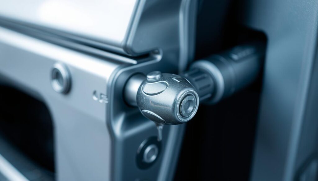 a close-up, detailed photograph of a silver-colored car door hinge, glistening with a clear, viscous lubricant. The hinge is in sharp focus, showcasing its intricate mechanical components and smooth, well-oiled operation. The background is softly blurred, creating a sense of depth and drawing the viewer's attention to the central subject. The lighting is soft and diffused, creating gentle shadows that accentuate the contours of the hinge. The overall mood is one of precision, functionality, and well-maintained automotive engineering.