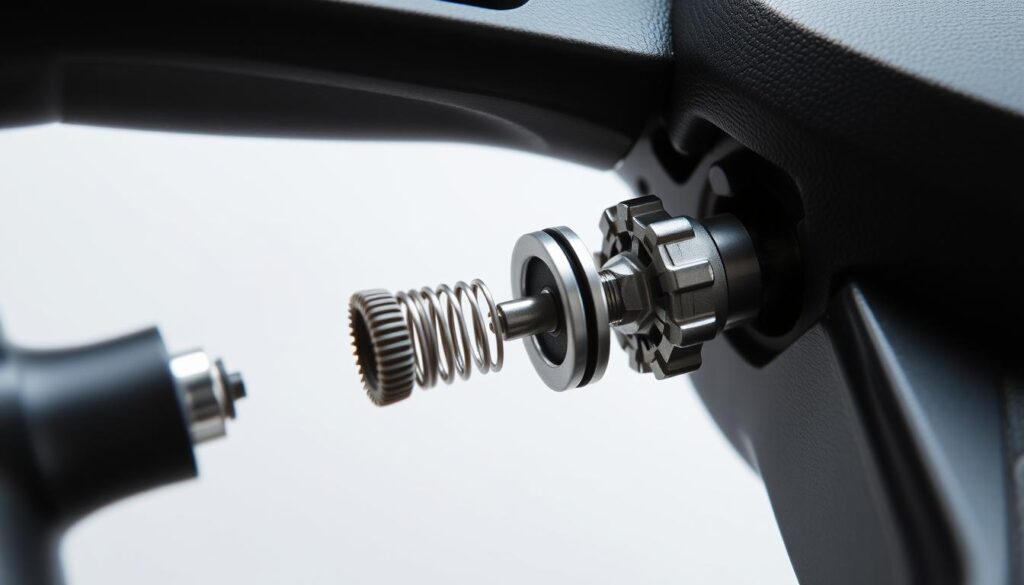 a close-up view of a steering wheel lock mechanism, showing the intricate internal components and locking mechanism in detail. the lock is disassembled, revealing the metal spring-loaded pins, tumblers, and locking cylinder that secure the steering wheel when engaged. the mechanism is displayed against a plain, minimalist background, with soft, even lighting that highlights the mechanical details. the overall mood is one of technical precision and functionality, conveying the importance of this security feature in preventing vehicle theft.