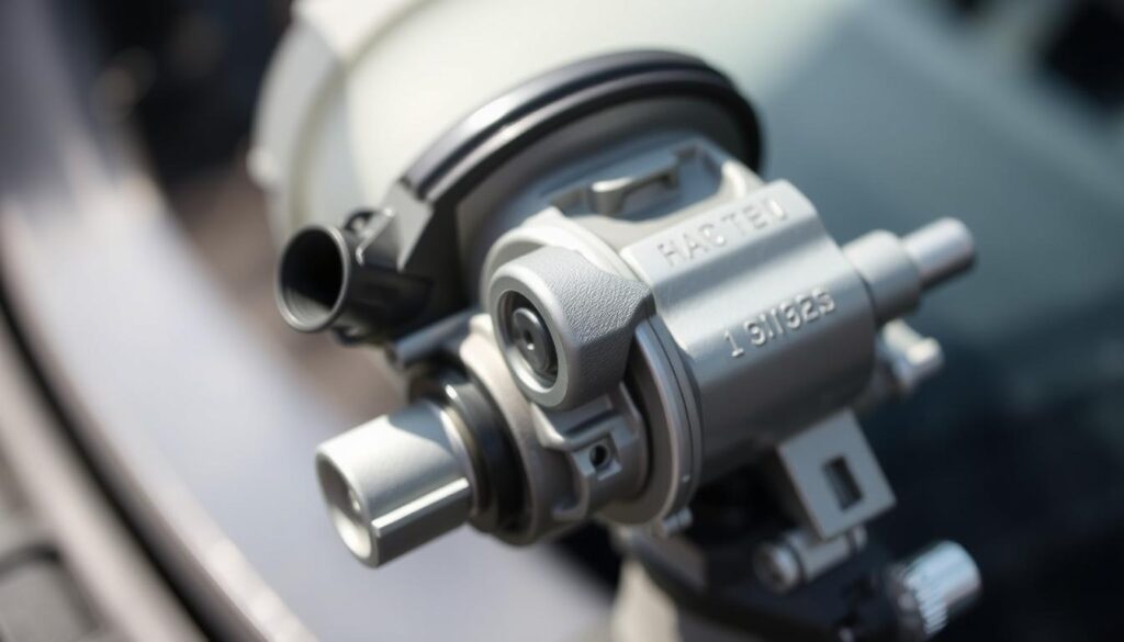 a detailed close-up photograph of a ford escape windshield washer pump, shot with a high-resolution camera lens in natural daylight. the pump is positioned prominently in the center of the frame, with a sharp focus on the intricate mechanical components and the water inlet/outlet connections. the lighting is bright and even, showcasing the pump's textured metallic surfaces and the various electrical connectors. the background is blurred, creating a sense of depth and emphasizing the subject. the overall aesthetic is clean, technical, and informative, suitable for illustrating a step-by-step guide on troubleshooting and replacing the windshield washer pump in a 2016 ford escape.