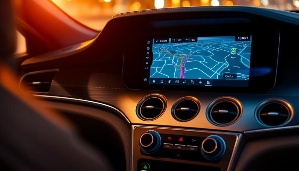 a detailed, high-resolution image of a car dashboard with a sleek, modern GPS navigation system displayed on a large, high-definition touchscreen. The display shows a detailed map with clear route guidance, traffic information, and points of interest. The dashboard is made of premium materials like brushed aluminum and soft-touch leather, with intuitive physical controls and climate vents. The lighting is warm and ambient, creating a welcoming and focused driving experience. The overall scene conveys a sense of advanced technology, functionality, and sophistication in a premium automotive setting.