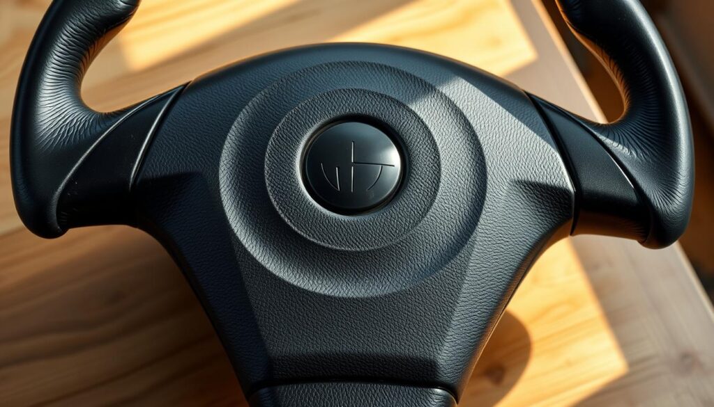a detailed, highly realistic, high-resolution, photorealistic image of a black steering wheel on a wooden table, viewed from an angle slightly above, with the steering wheel's surface showing signs of wear and tear, with a matte, textured appearance and a prominent emblem or logo in the center, the surrounding table surface is clean and uncluttered, the lighting is soft and natural, creating subtle shadows and highlights that accentuate the steering wheel's materiality and form, the overall mood is one of functionality and utilitarian design