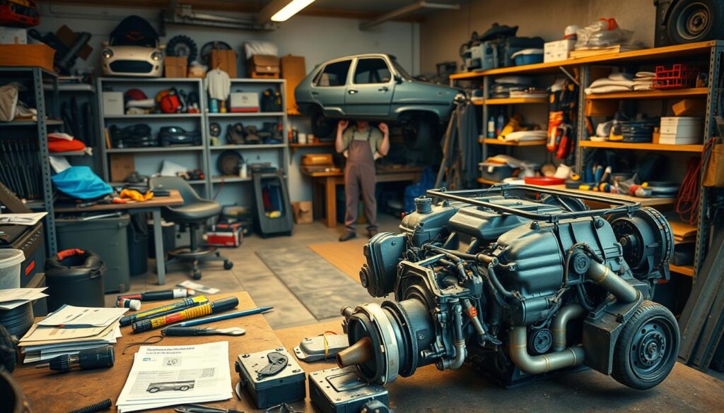 a highly detailed, photorealistic image of a garage workshop with various DIY car projects in progress. The foreground features a partially disassembled car engine on a workbench, with tools, replacement parts, and manuals scattered around. In the middle ground, a person in overalls is working on the underside of a car, their legs visible sticking out from underneath. The background showcases shelves filled with car parts, tools, and other automotive accessories. The lighting is warm and natural, casting a soft glow throughout the scene. The overall atmosphere conveys a sense of productivity, hands-on learning, and a passion for working on cars.