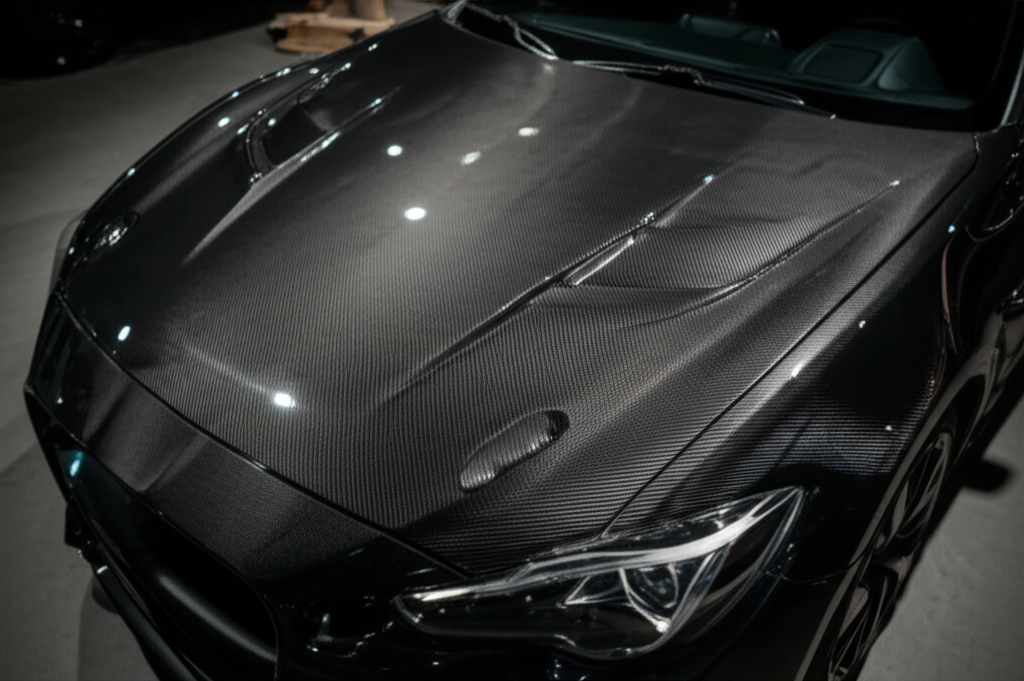 Generate a high-quality, relevant image prompt for an article about: Carbon Fiber Hood on Black Car: