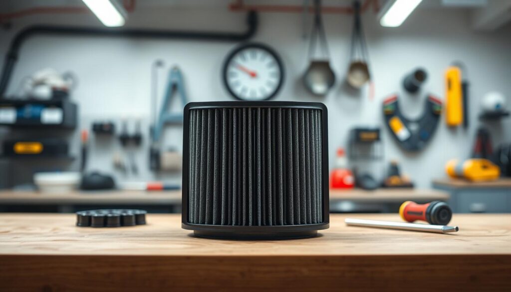 high-detailed photorealistic image of a car air filter, sitting on a clean and organized workbench in a well-lit garage. The air filter is in the foreground, showcasing its intricate pleated design and sturdy construction. The middle ground features tools and automotive parts, suggesting a DIY car maintenance setting. The background is softly blurred, creating a sense of depth and focus on the main subject. The lighting is bright and evenly distributed, accentuating the textures and colors of the air filter. The overall mood is one of precision, functionality, and the satisfaction of performing a simple yet important car maintenance task at home.