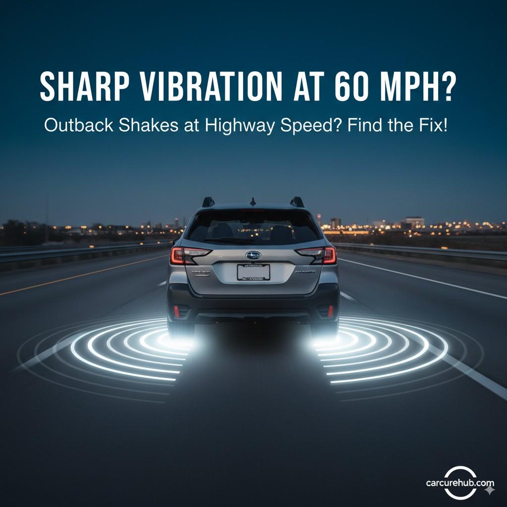 Subaru Outback experiencing vibration at 60 mph on highway with visual effect highlighting rear wheels.
