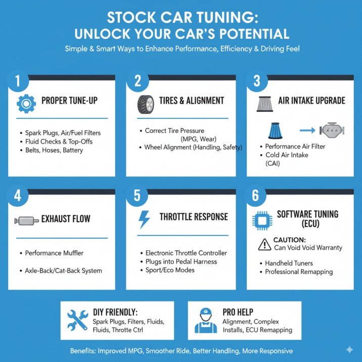 Infographic detailing 6 ways to tune a stock car: Proper Tune-Up, Tires & Alignment, Air Intake Upgrade, Exhaust Flow, Throttle Response, and ECU Software Tuning, with DIY and Pro tips.