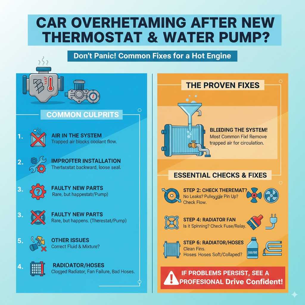 Vibrant infographic troubleshooting car overheating after thermostat and water pump replacement, highlighting common culprits like trapped air, improper installation, and faulty parts. It details proven fixes including bleeding the cooling system, checking thermostat and water pump installation, inspecting the radiator fan, radiator, and hoses, and verifying coolant type, with a clear call to action for professional help if issues persist