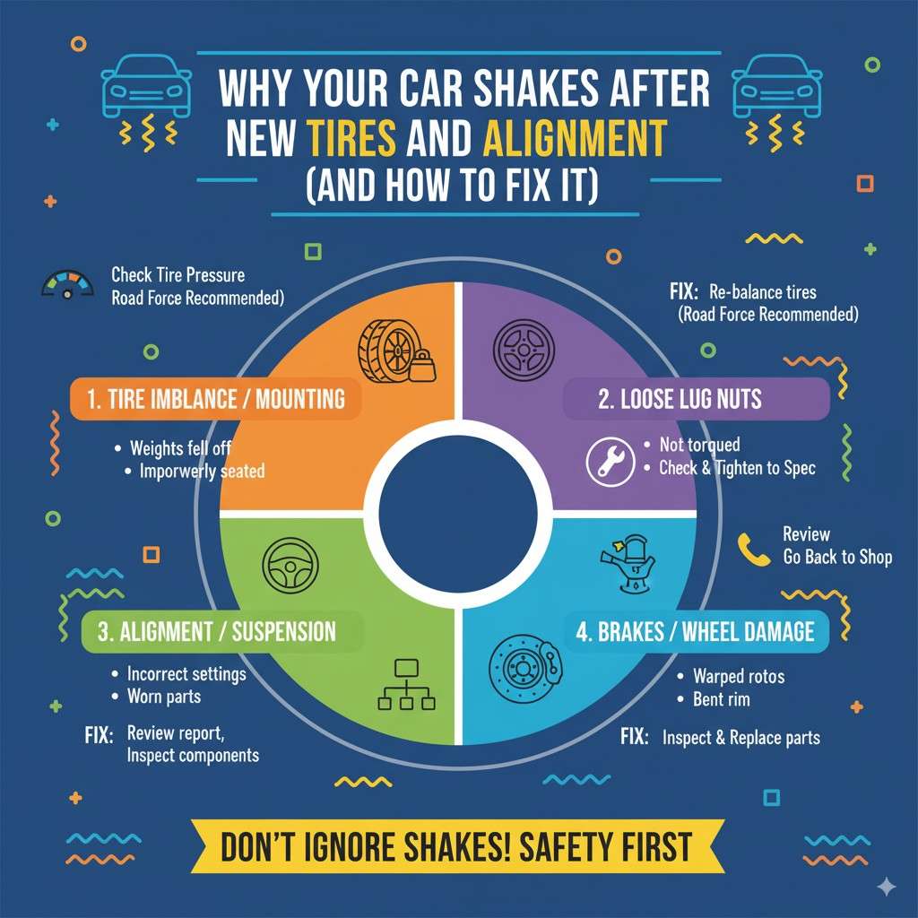 Infographic titled "Why Your Car Shakes After New Tires and Alignment (and How to Fix It)," illustrating four main causes: tire imbalance/mounting, loose lug nuts, alignment/suspension issues, and brakes/wheel damage, with troubleshooting steps and a safety first message.