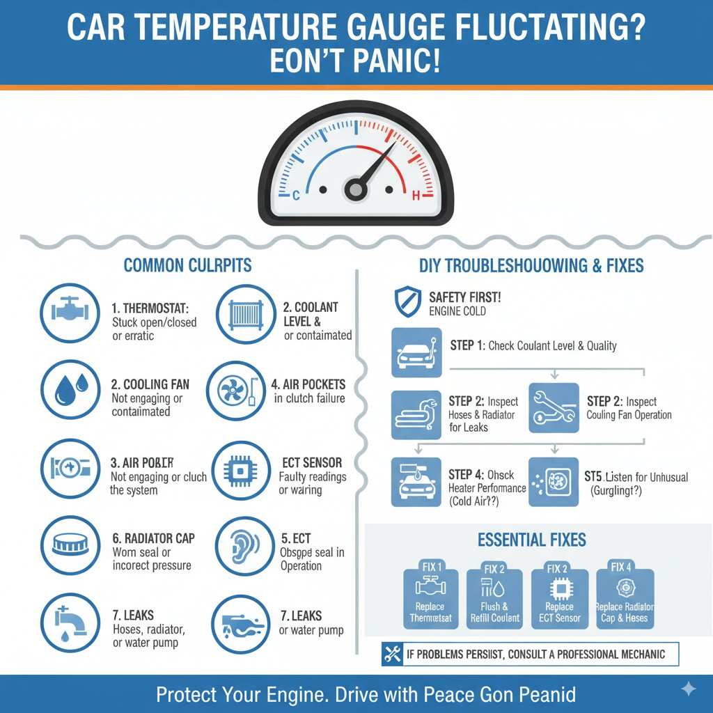 Infographic detailing common causes and DIY fixes for a fluctuating car temperature gauge, including issues with the thermostat, coolant, cooling fan, air pockets, ECT sensor, radiator cap, and leaks, along with step-by-step troubleshooting and essential repairs like replacement and flushing.
