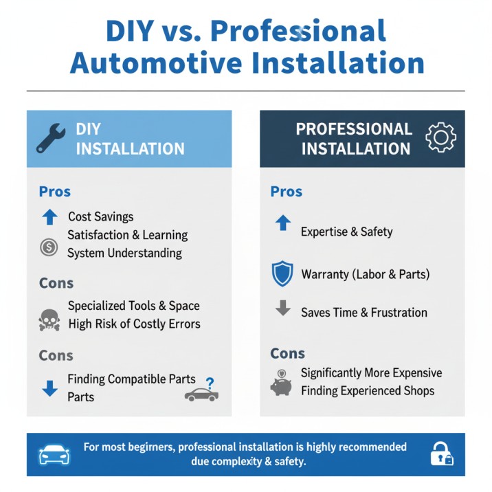 Infographic comparing DIY vs professional automotive installation with pros and cons for cost, safety, time, tools, and expertise