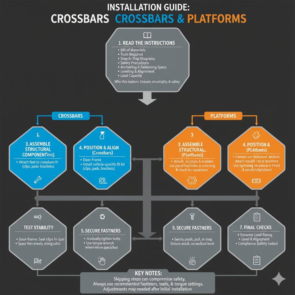 An infographic titled "Installation Guide: Crossbars & Platforms." It begins with a central step, "1. Read the Instructions," detailing Bill of Materials, Tools Required, Diagrams, Safety, Fastening Specs, Leveling, and Load Capacity. From this central point, the guide splits into two main paths: one for "Crossbars" (blue hexagons) and one for "Platforms" (orange hexagons).