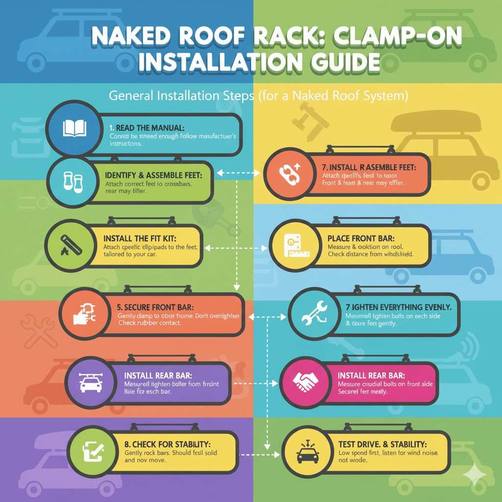 An infographic flowchart titled "Naked Roof Rack: Clamp-On Installation Guide," illustrating 10 steps for installing a roof rack on a car with a bare roof. The steps include reading the manual, identifying and assembling feet, installing the fit kit, placing the front bar, securing the front bar, installing the rear bar, tightening everything evenly, checking for stability, and a test drive. Each step has an icon and clear, readable text. The background features subtle car silhouettes and a vibrant, color-blocked design.