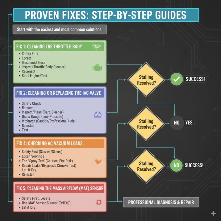 Flowchart detailing a step-by-step guide to troubleshooting car stalling issues when the AC is on, covering fixes like cleaning the throttle body, IAC valve, checking AC refrigerant, vacuum leaks, and cleaning the MAF sensor.