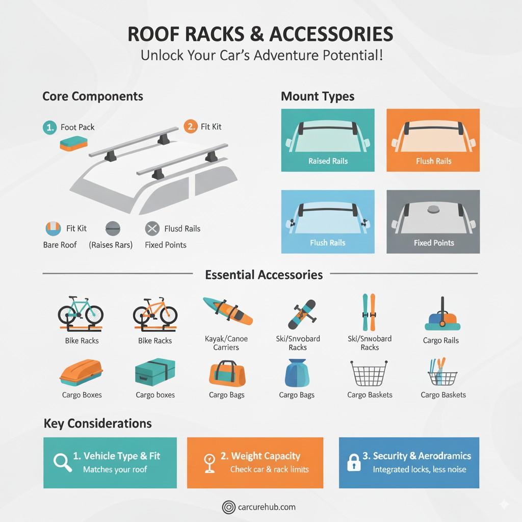 Roof racks and accessories guide showing core components, mount types, essential add-ons like bike racks, kayak carriers, cargo boxes, and key considerations for fit, weight capacity, and security.