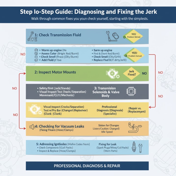 Infographic flowchart detailing a step-by-step guide to diagnosing and fixing car "jerk" issues, covering checks for transmission fluid, motor mounts, transmission solenoids, vacuum leaks, and ignition system problems.