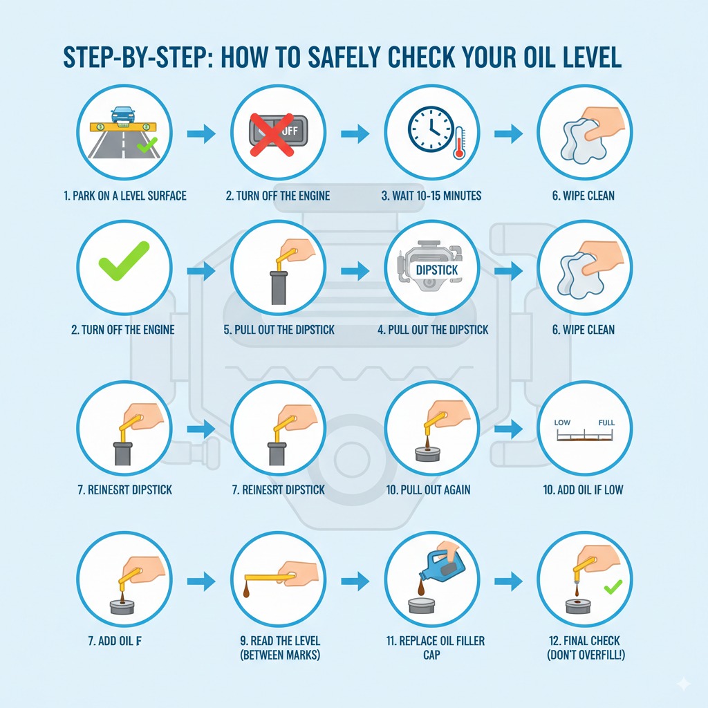 Infographic: Step-by-step guide on how to safely check your car's engine oil level.