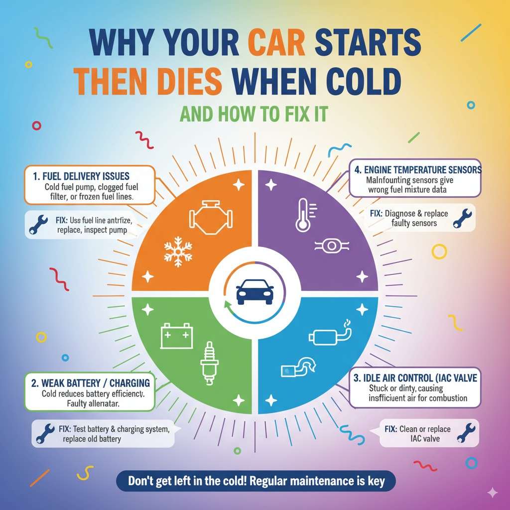 Infographic titled "Why Your Car Starts Then Dies When Cold and How to Fix It," detailing common causes like fuel delivery issues, engine temperature sensor problems, weak battery/charging, and idle air control valve malfunctions, with corresponding solutions.
