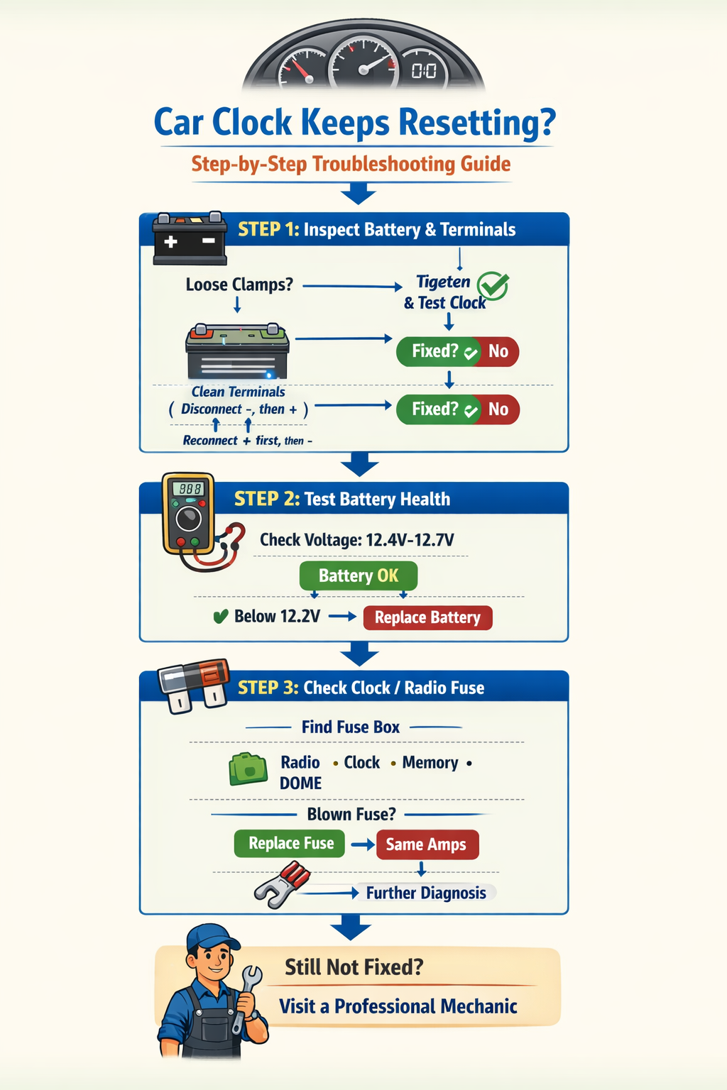 Infographic flowchart showing step-by-step troubleshooting for a car clock that keeps resetting, including battery inspection, voltage testing, fuse check, and when to visit a mechanic