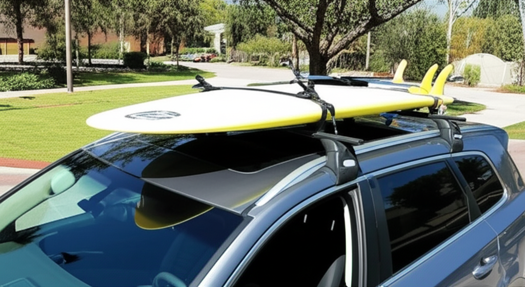 Generate a high-quality, relevant image prompt for an article about: How to Attach Surfboard to Roof