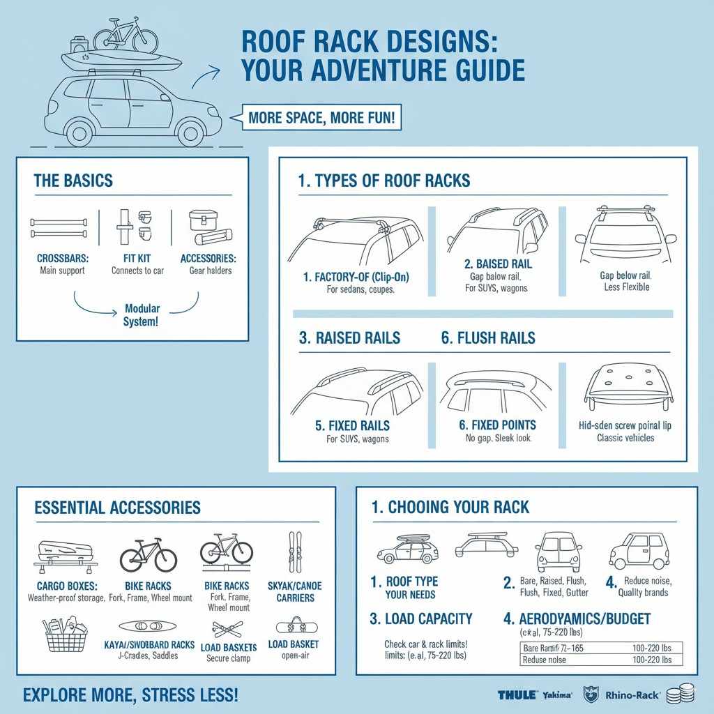 Infographic detailing types of roof racks, accessories, and how to choose the right one for vehicles, showing bare roof, raised rails, flush rails, and fixed points.