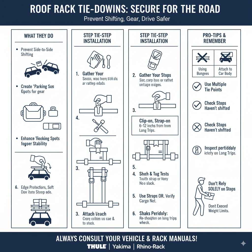 Infographic demonstrating the step-by-step installation and use of roof rack stops, showing how they prevent cargo shifting and enhance stability for items like lumber or luggage.