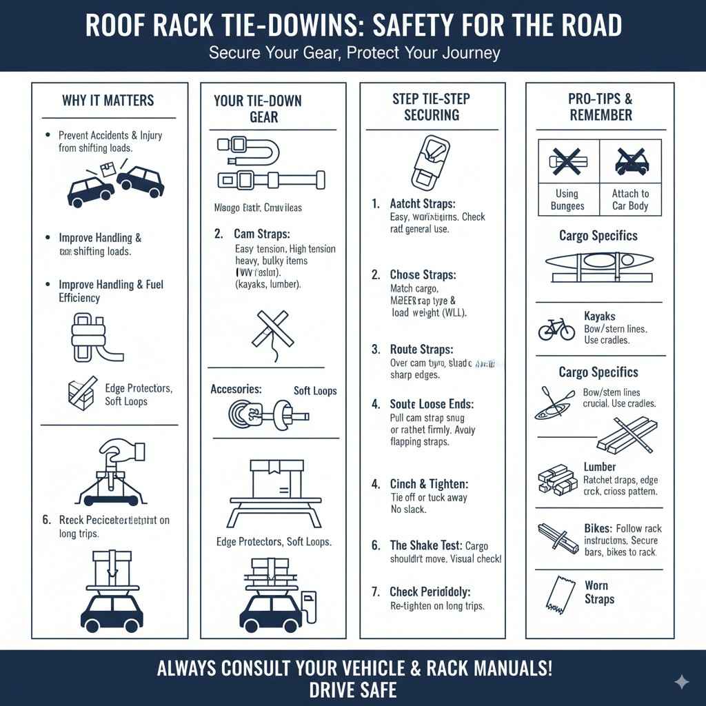 Infographic explaining safe roof rack tie-down practices, including why it matters, types of straps (cam straps, ratchet straps), a step-by-step securing guide, and tips for different cargo like kayaks, lumber, and bikes.