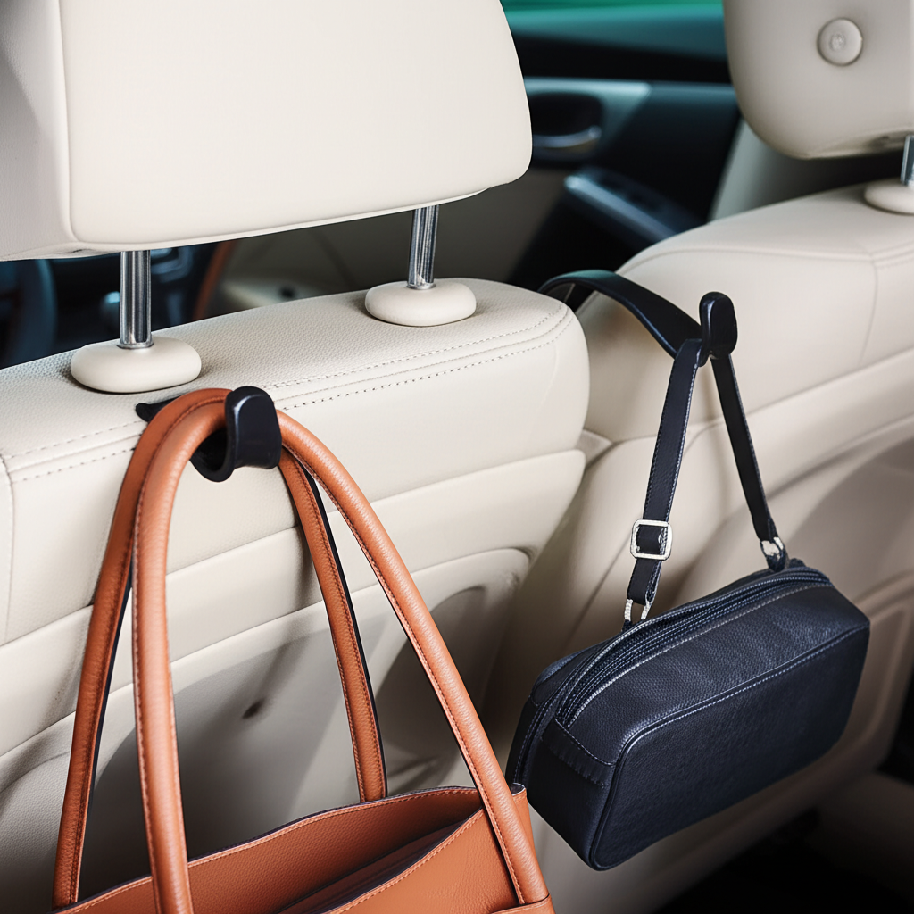 Generate a high-quality, relevant image prompt for an article about: Car Headrest Hooks for Purses: