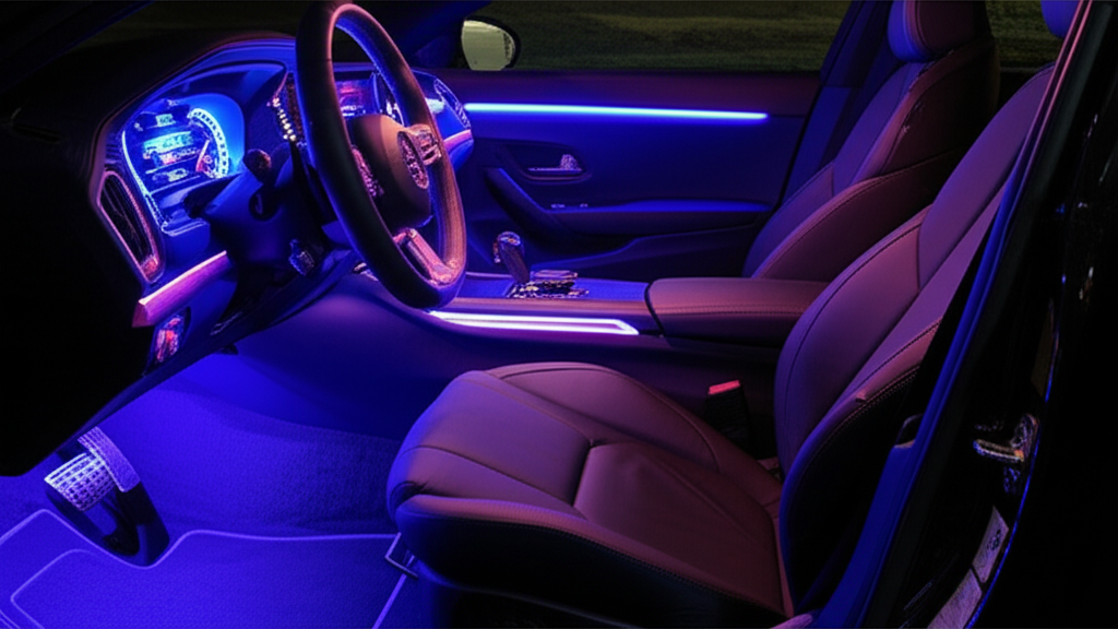Generate a high-quality, relevant image prompt for an article about: LED Ambient Floor Lighting Car