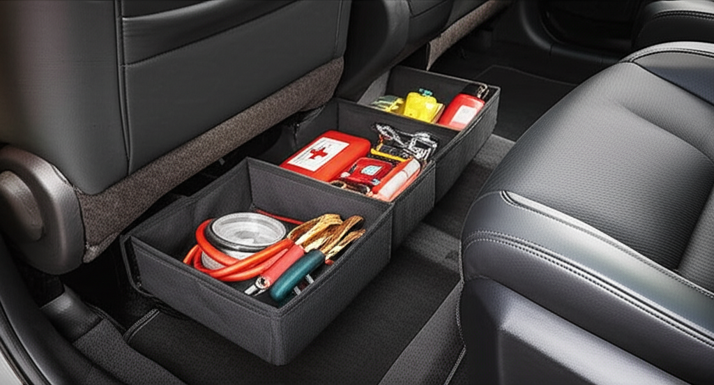 Generate a high-quality, relevant image prompt for an article about: Universal Under Seat Storage Bo