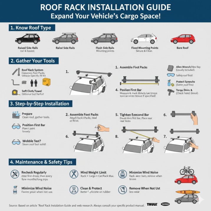 Infographic showing a step-by-step roof rack installation guide, including roof types, tools needed, setup steps, and maintenance tips for secure mounting.