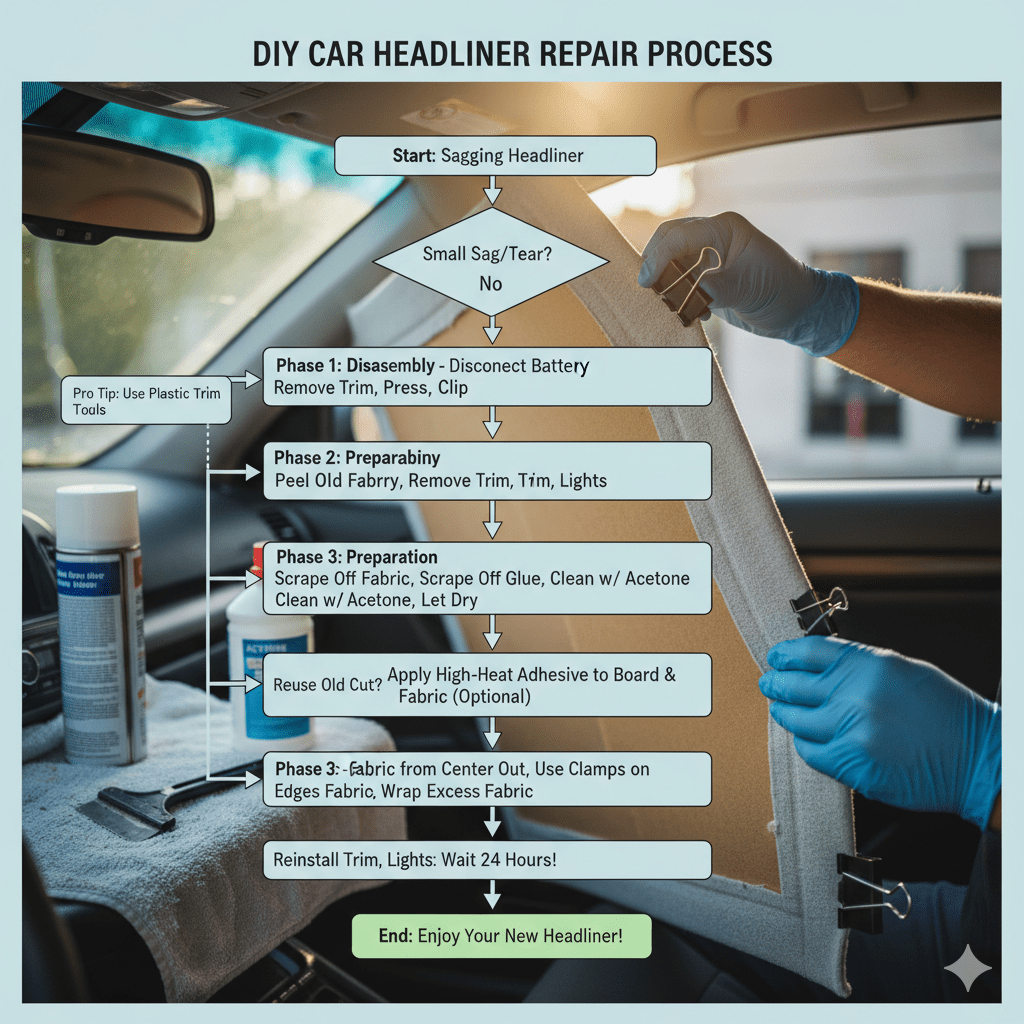 DIY car headliner repair flowchart showing steps for fixing a sagging interior roof, from disassembly and cleaning to adhesive application and reinstallation, with tools visible