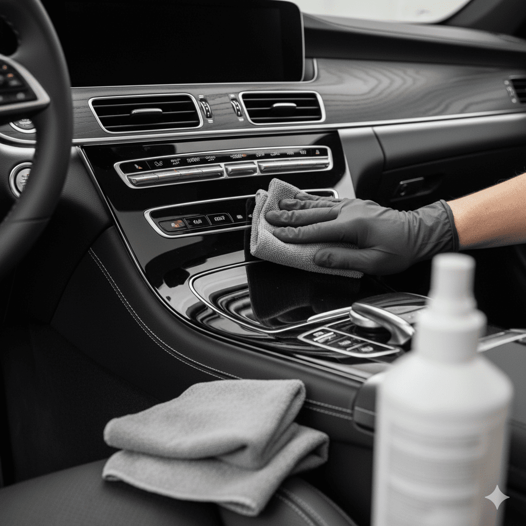 Person cleaning piano black car interior console with a microfiber cloth.
Select 82 more words to run Humanizer.
